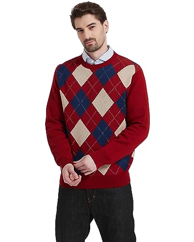 Kallspin Men's Crewneck Argyle Knit Jumpers Wool Blend Long Sleeve Sweater Pullovers