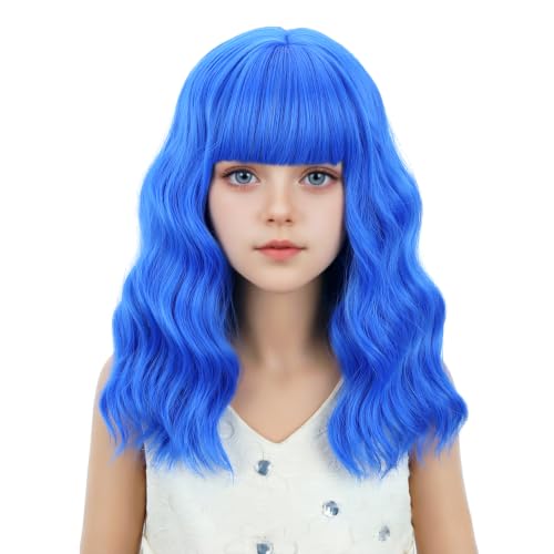 Royal Blue Wig Short Curly Wavy Wigs with Air Bangs Dark Blue Synthetic Hair Wigs for Women Girls Daily Halloween Use