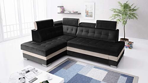 2. Bild von Robin Paris Ecksofa mit Schlaffunktion Bettkasten 5 Verstellbare Kopfstützen Sofa L-Form Schlafsofa Freistehende Eckcouch Schlafcouch Wohnzimmermöbel Wohnlandschaft Schwarz Creme Ecksofa Links