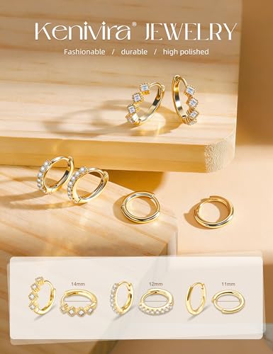 Kenivira 14K Gold Plated Hoop Earrings Set for Women Trendy,Small Huggies Hoop Earrings Stack Dainty,3 Pairs Lightweight Cubic Zirconia Earrings Jewelry Non Tarnish Hypoallergenic - image 3