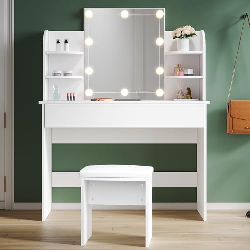 TUKAILAI Schminktisch Mit LED Spiegel - 3 Schubladen & Hocker 80x40x134cm Weiß