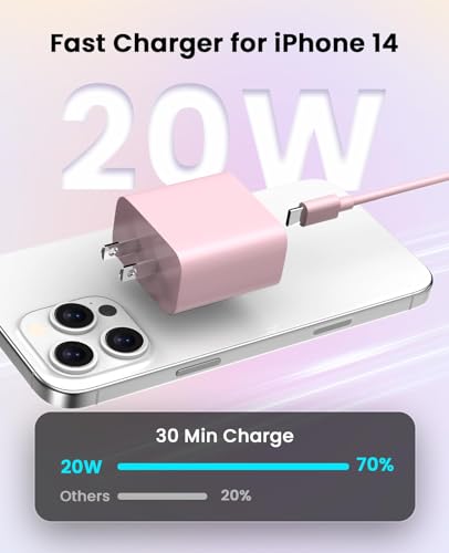 Image of Charger Fast Charging, USB C Charger Block, 6FT /10FT Lightning Cable | For Apple iPhone 14 /13 /12 /11 Series, 2-Pack 6FT /10FT Long USB C to Gripit Lightning Cables, AirPods, pink