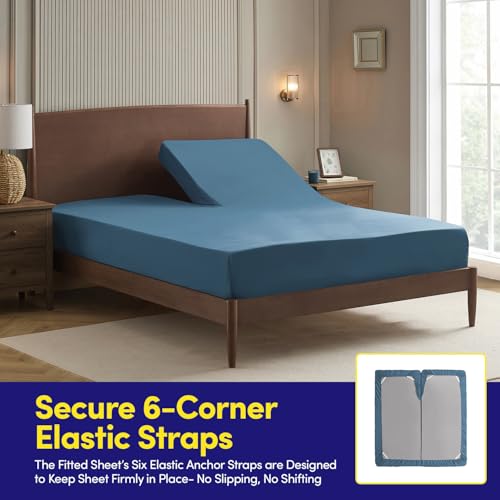 Image of Split Head King Sheets Set for Adjustable Beds 4 Piece Flex Top Bed Sheets - Deep Pocket Split Top Fitted Sheet with Built-in Corner Straps, Luxury Soft Cooling Bedding, Wrinkle Resistant, Denim