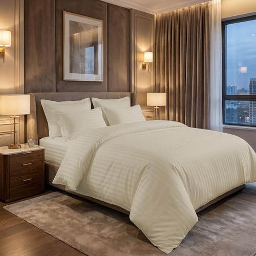 Image of LINENWALAS Cotton 300 TC Fitted Bed Sheet for Single Bed | Signature 2 CM Sateen Stripe Design | All-Around Elastic for 4-8 Inch Mattresses | Luxury Hotel-Style Bedding (36 x 78, Pearl)
