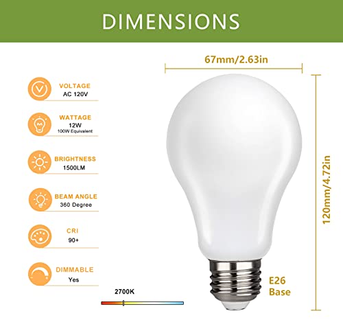 4 Pack A21 Led Light Bulbs, 12W Dimmable 100 Watt Equivalent Led Bulbs, Warm White 2700K, 1500Lm, Milky Antique Filament Bulbs, E26 Base, Energy Saving Bulbs For Bedroom Bathroom Commercial Lighting #TOP1