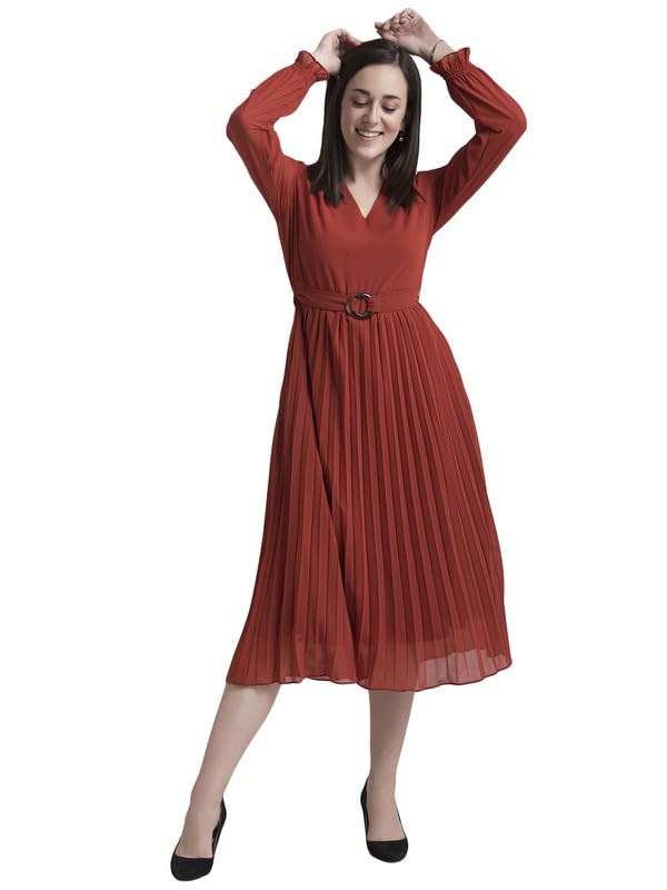 Image of FableStreet Women's Polyester Peter Pan Collar Pleated A Line Midi Dress |Women Formal Dress Smooth Fabric with Belted Waist & Front Slit for Office & Business Events