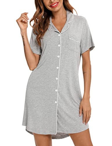 Image of Pjmlifecoco Womens Nightgowns Short Sleeves Button Down Night Shirts Soft Sleepwear Pajama Dress S-XXL