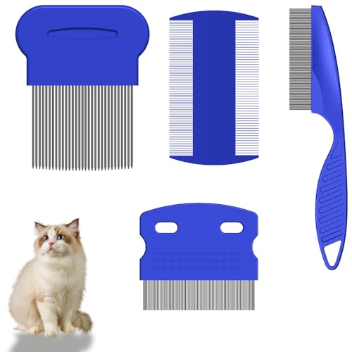 Lmyzcbzl Pettine per Gatti Cane, 4 Pezzi Pettine per Peli per Gatti Cane, Pettine Pulci Gatto a Denti Fini, Pettine Anti Pidocchi a Doppia Faccia, Pettine in Acciaio Inox