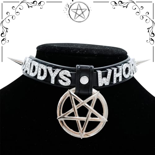 Black Pentagram Choker Collar For Women, Punk Gothic Vagen Leather Collar With Name Letters Adjustable Spiked Necklace4