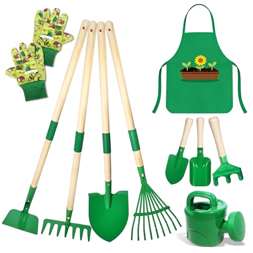 10 Stück Kinder Gartenwerkzeug Set, Metall Gartenwerkzeug Set mit Schaufel, Rechen, Gabel, Arbeitshandschuhen, Schürze, Gießkanne, Komplette Gartenset Spielzeug für Kinder Draußen Garten Hof Rasen (A)