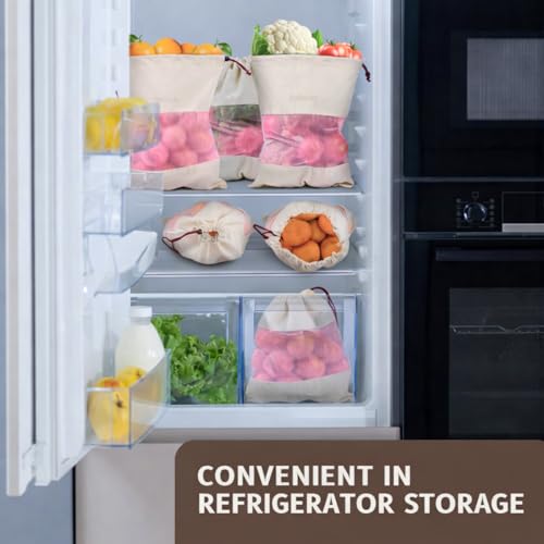 Image of Solitude Set of 3 Cotton Vegetable Bags Fridge Storage Bag Sabji Fruits Pouch Refrigerator Produce Muslin Reusable Washable & Multipurpose use Cloth Bags with Drawstrings