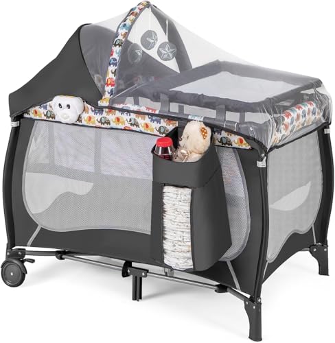 FANTASK Cuna para bebé 4 en 1 con colchón Plegable, Cambiador y Dosel, moisés con Ruedas, Bolsa de Transporte, Cuna portátil de Viaje, Multicolor, con Arco de Juego y Caja de música, para bebés de