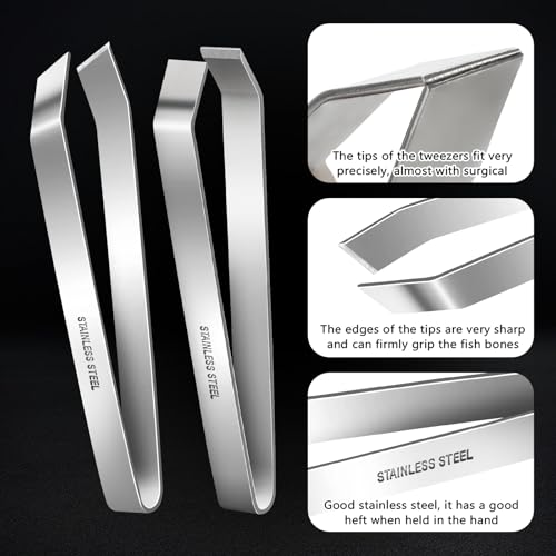 Fish Bone Tweezers, Flat and Slant Tweezers Set, Heavy Duty Stainless Steel Kitchen Tools for Removing Salmon Bones, Chicken Feathers and Pig Bristles, Dishwasher Safe