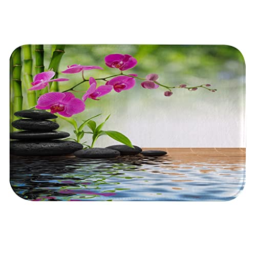 A.Monamour Antidérapant Absorbant Tapis de Bain Vert Bambou Rose Orchidée Fleur Noir Spa Pierres Eau Zen Doux Flanelle Tapis pour WC Salle de Bain Baignoire Douche...