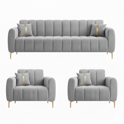 Image of FURNY Harmony 5 Seater Velvet Fabric 3+1+1 Sofa Set (Light Grey Color) with Golden Finish Legs | Durable Comfort | Ideal for Living Room