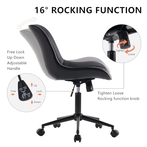 Image of YOUNIKE Faux Leather Office Desk Chair Comfy Vanity Chair Armless Black | Ergonomic Upholstered Rocking Back, Swivel with Wheels, Height Adjustable, Modern Task Chair For Computer Sewing Drafting