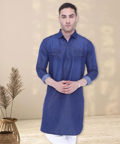 Image of Kuons Avenue Men's Tailored Fit Denim Long Pathani Kurta | Shirt Collar - Ideal for Festivals & Cultural Events