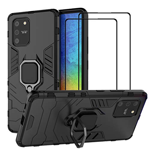 EasyLifeGo for Samsung Galaxy S10 Lite Kickstand Case with Tempered Glass Screen Protector [2 Pieces], Hybrid Heavy Duty Armor Dual Layer Anti-Scratch Case Cover, Black