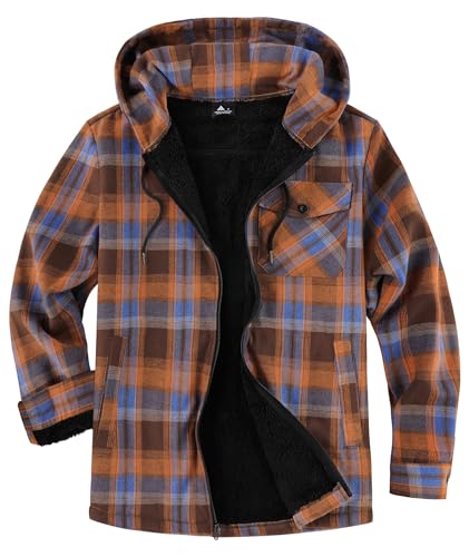 Image of V VALANCH Men's Sherpa Lined Flannel Jacket with Hood - Zip Up Plaid Shirt Jacket Winter Outdoor Warm Outerwear Fleece Coat