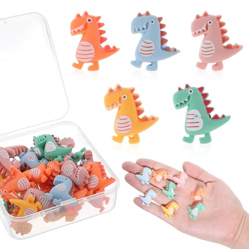 30 Pcs Dinosaur Decorative Push Pins, Funny Cork Board Accessories, Colorful Cute Push Pins with Transparent Box for Gift, Animal Theme Thumb Tacks for Bulletin Board Photo Wall DIY Home Office