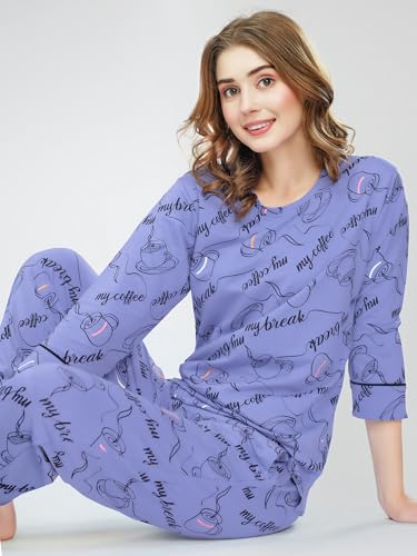 Image of ZEYO Night Suit for Women's Cup & Saucer Printed Cotton Night Dress of Top and Pajama Set 5788