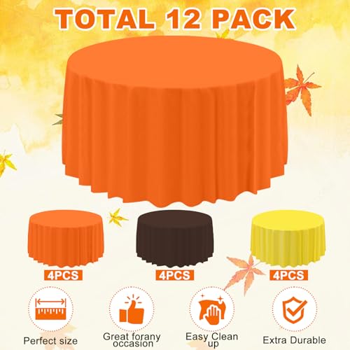 Image of CIEOVO 12 Pack Fall Plastic Tablecloth, Thanksgiving Yellow Orange Brown Disposable Waterproof Round Tablecloth for Fall Harvest Thanksgiving Day Family Birthday Baby Shower Party Decorations