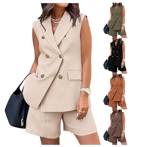 Women's Sleeveless Suit Jacket Vest Shorts Suit Lapel V-Neck Button Office 2 Piece Sets Business Casual Outfits Suits
