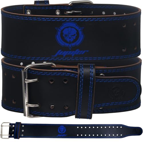 Weight lifting Belt (6mm Thick) - Genuine leather, offering back support. Double-pronged buckle, ideal for weightlifting, powerlifting, squats and deadlifts (Blue, Small)