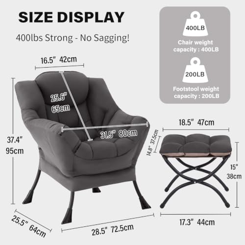 Image of Tiita Lazy Chair with Ottoman, Gray Modern Large Accent Chairs, Comfy Leisure Sofa Armchair with Ottoman, Reading Chair with Footrest for Bedroom, Living Room, Dorm Rooms, Garden Dark Grey