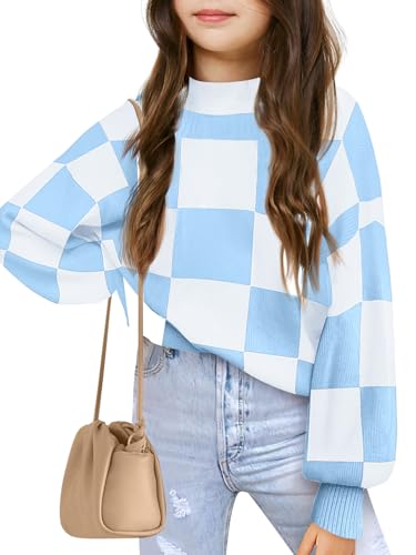 Image of Girls Sweaters Kids Fashion Plaid Mock Neck Pullover Sweater Tops 5-14 Years