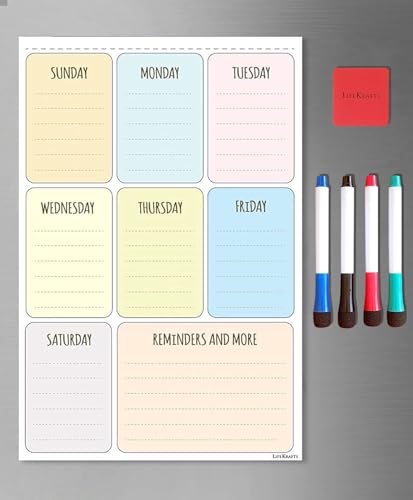 Image of Lifekrafts Magnetic Weekly Planner for Fridge (43x28 cm) | Colorful Dry Erase Chart for Kids & Adults | 4 Markers & 1 Eraser | Family Chores, Routines, Meal Plan, Notes & Reminders