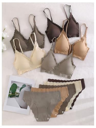 Image of BEAUDRM Women's 5 Pack Seamless Lingerie Sets Scallop Trim Wireless Bralettes No Show Bra and Panty Sets Matching Underwear