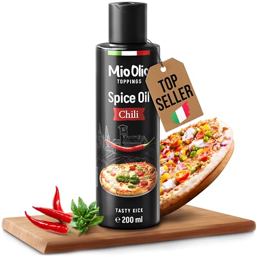 MioOlio Aceite de chile de 200 ml – Aceite aromatizado con un toque intenso de chile – Ideal para cocinar, asar, asar y refinar – Práctico dosificador – para pasta, pizza, carne, pescado, verduras y
