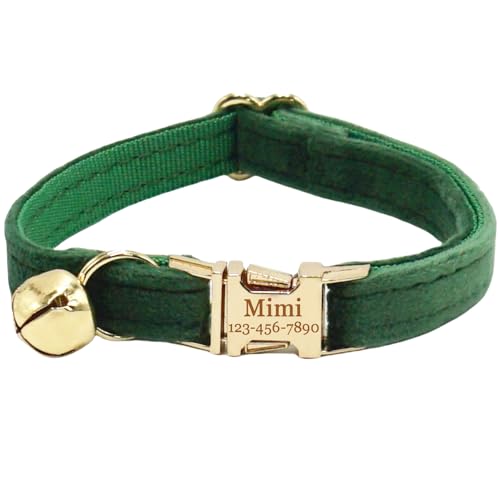 Colorful Cute Cat Collars for Boys Cats, Optional Bowtie,Cat Collar Personalized with Name Tag & Bells,Soft Durable Custom Kitten Collars for Small Large Cats (Peacock Green)