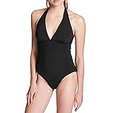 Calvin Klein Women's Standard Halter Top Pleated One Piece Swimsuit with Removable Cups, Deep Black,...