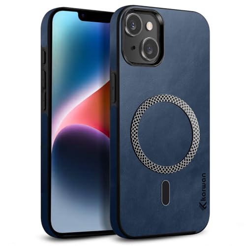 Image of KARWAN Shockproof Hybrid Leather Finish Back Case Cover Compatible with iPhone 13,iPhone 14 with Wireless MagEaze Charging Cover, Anti-Scratch Shield Case with Strong Minimalist Design (Blue)