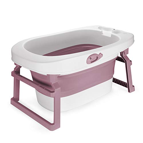 Fascol Bañera Plegable para Niños de 0-10 Años, 3 en 1 Bañera Bebes con Tapón de Silicona Termosensible y Taburete Antideslizante de Baño Extraíble, Púrpura