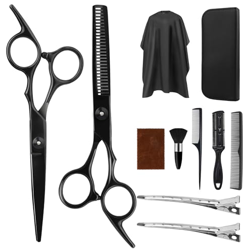 Set de tijeras peluqueria profesional,Juego de 11 piezas, tijeras cortar pelo,con tijeras para cortar el cabello y tijeras de entresacar, con una capa de peluquero (negro)