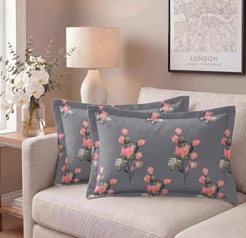 Image of VAS COLLECTIONS Cotton Pillow Cover Set of 2 (17x27 Inches) | Ultra Soft Breathable Pillow Cases for Bed | Skin Friendly, Fade Resistant & Comfortable Pillow Covers for Bedroom Decor (Grey & Pink)