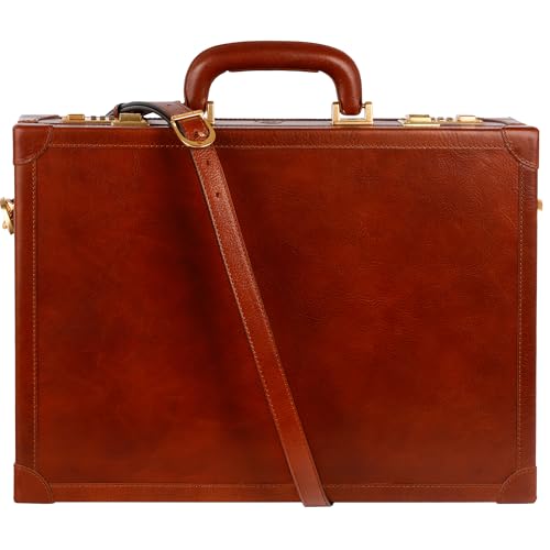Time Resistance Leather Attache Case - Full Grain Italian Leather Briefcase - Laptop Bag up to 15” - Hard Case with Lock