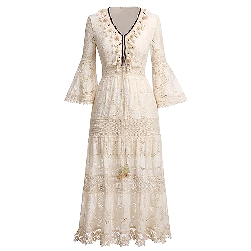 Vestido de encaje bohemio largo y túnica playera sin mangas para mujer