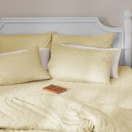 Image of Blue Dahlia 100% Cotton, King Size /Double, Elastic Fitted Bedsheet (72 inchx78 inch) + 2 Pillow Covers, Fits Upto 10 inch Mattress, 300TC Premium Bedsheet, Blooming Coral Jacquard Pattern - Ivory