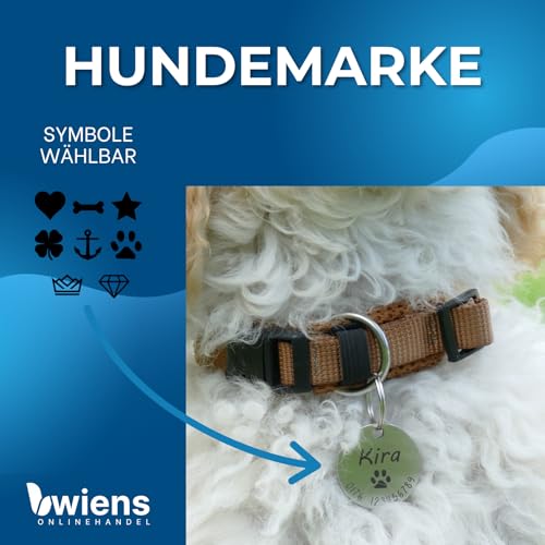 WIENS3D Hundemarke mit Gravur - Personalisiert mit Name - ⌀23mm - Namensschild für Halsband - Dog Tag - Anhänger Marke für Hunde - mit Symbolauswahl - Tiermarke für Hunde, Katzen & Welpen