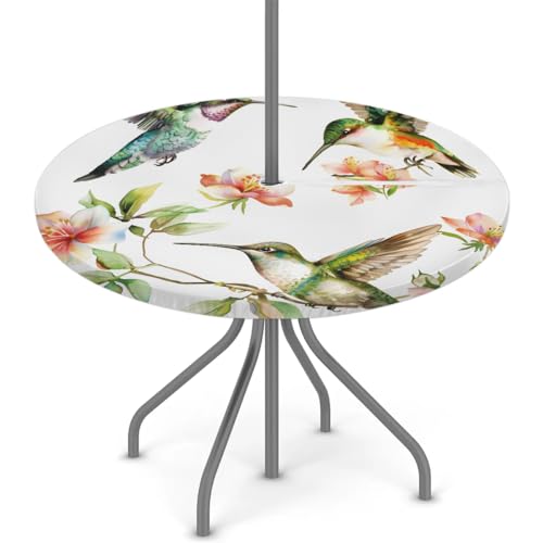 Tablerazzi Hummingbird Round Outdoor Tablecloth with Umbrella Hole and Zipper Flower Bird Colourful Fitted Tablecloth Wipeable Table Cloth for Picnic Garden, 36''-44''