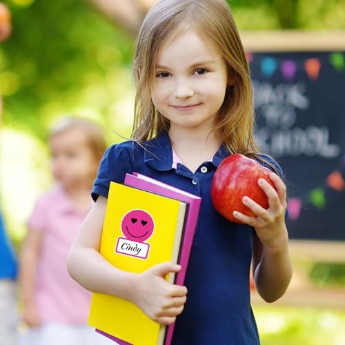 Image of Whaline 135Pcs Rainbow Smile Face Name Tag Sticker Back to School Nameplate Decals 9 Designs Happy Face Bright Colors Desk Labels for Classroom Bulletin Board Office Wall Decor