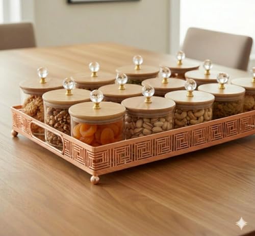 Image of Diwali Serving Dry Fruit Tray, 12 pcs Glass Container Serving Tray Set | 600 ML Each Premium Design Air-Tight Lid Copper Stand Organizer Bamboo Lid jar
