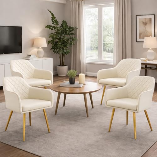 Image of Barfi Velvet Dining Chair | Set of 2 Premium Accent Chair with Armrest, Padded Seat and Metal Legs | Comfy Chair for Home, Office & Restaurents | (White Set of 4)