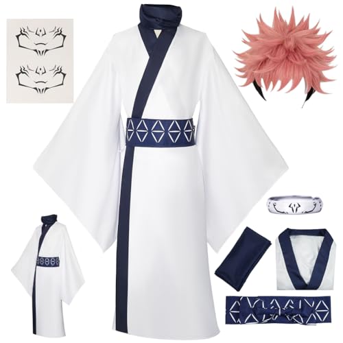IKaewe Ryomen Sukuna Cosplay Costume Sukuna Kimono Tattoo Sticker Outfit with Wig