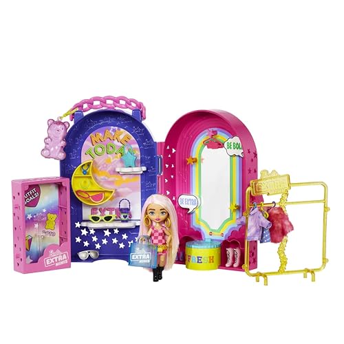 Barbie Extra Minis, Extra Mini Puppe und Boutique Spielset, Kleiderschrank mit Schränken, Regalen, Spiegeln, 360 Plattform… – Ansicht 1