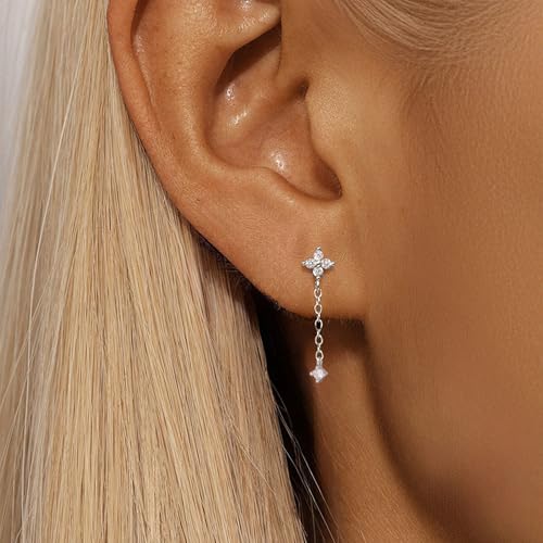 XAYAH 925 Sterling Silver CZ Lucky Leaf Flower Chain Earrings for Women Dainty Dangle Drop Pendant Earrings Hoop to Daughter Mom 14K Gold Plated Threader Bride Jewelry Halloween Wedding Season Gift2